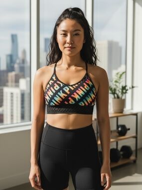 PINK Victoria's Secret Black Sports Bra with Rainbow PINK Print